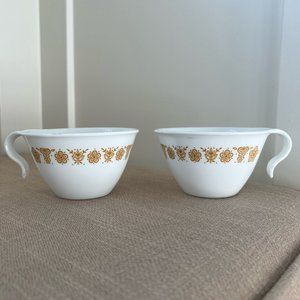 Vintage 1970s Corelle Butterfly Gold Hook Handle Coffee / Tea Cups Set of 2